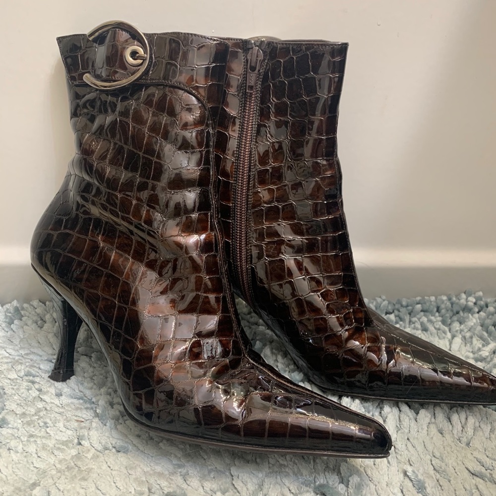 Stuart Weitzman Croc Patent Leather Ankle Boots